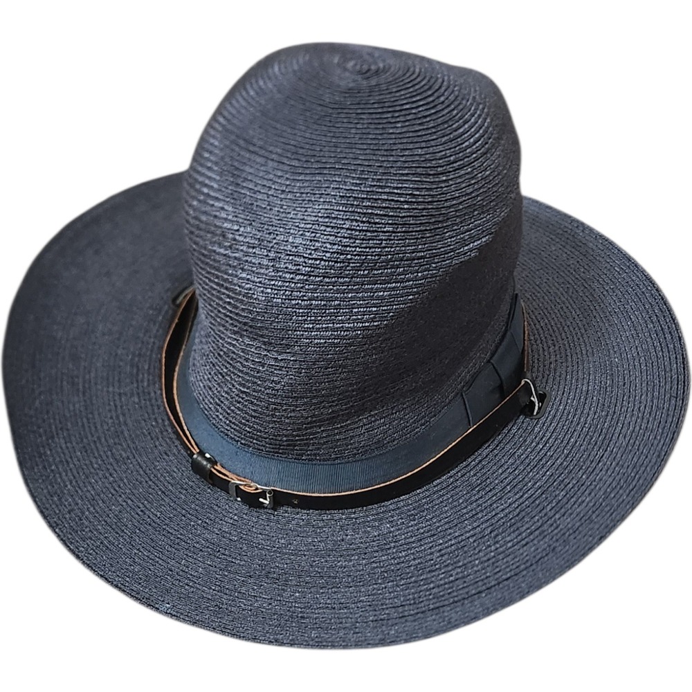 Stratton Self Forming USA Navy Blue Straw Wide Brim‎ Hat Size 7 Leather Strap